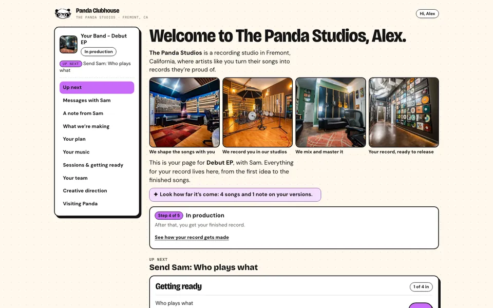 A Panda Clubhouse page: Welcome to The Panda Studios, Alex. The record's progress, step 4 of 5, in production, and what's up next.