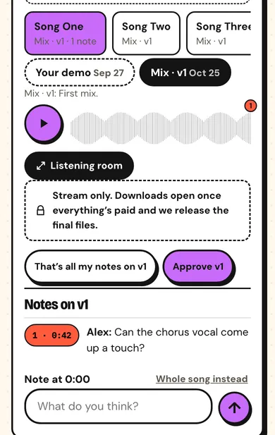 Your music: your demo next to the first mix, with a note pinned at 0:42.
