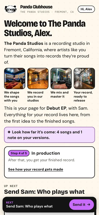 The Clubhouse page on a phone, with the next step pinned to the bottom.