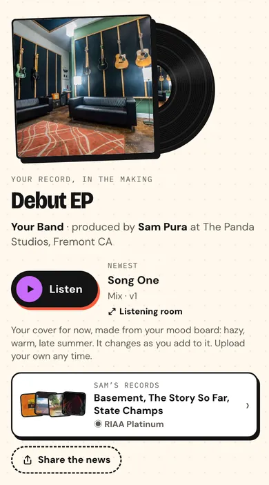 Your record, in the making: the cover, a Listen button and the newest mix.