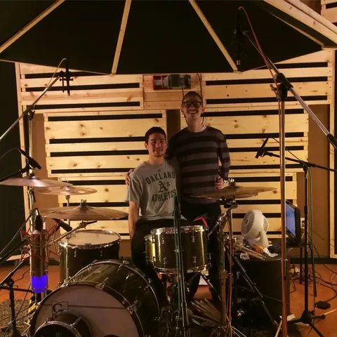 The Story So Far&rsquo;s drummer at the kit with Sam Pura in the Panda West live room, February 2015