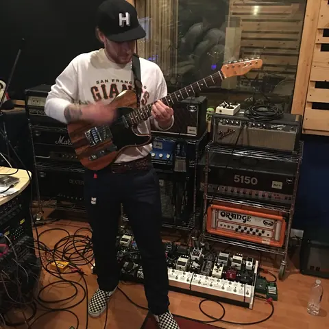 Will Levy of The Story So Far tracking guitar in the Panda West control room, January 2018