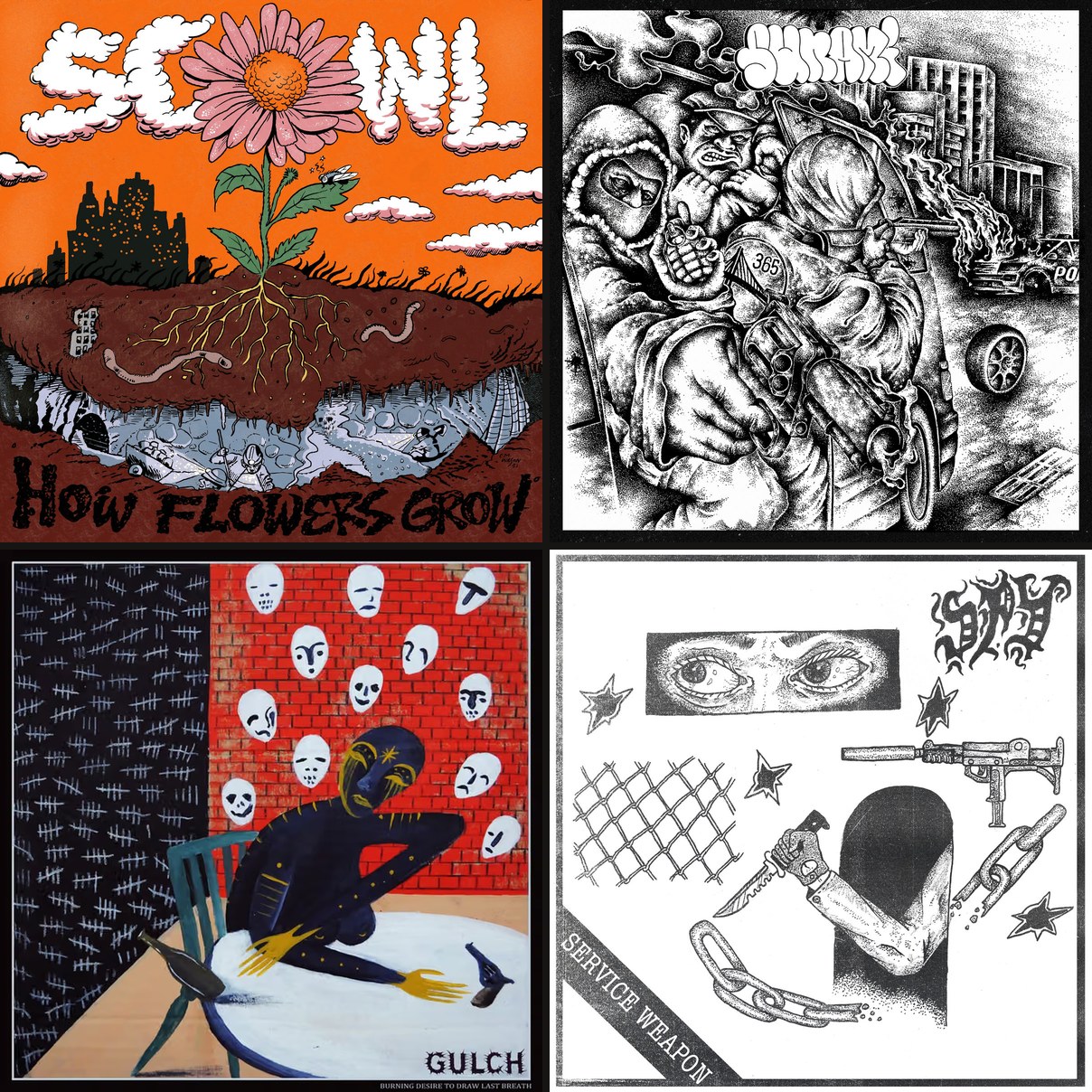Scowl, Sunami, Gulch and SPY album covers, records made at The Panda Studios by Charles Toshio