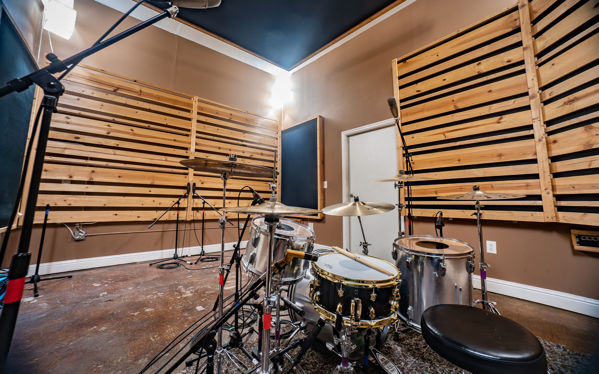 Drum kit set up in the Panda East live room