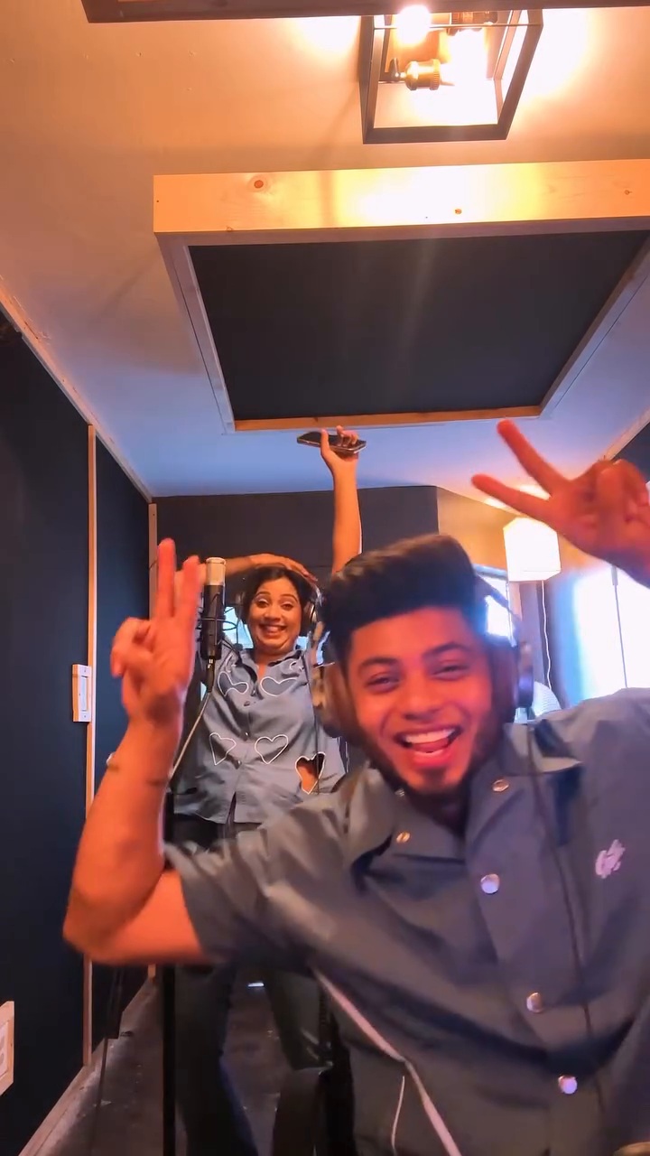 Shreya Ghoshal and Sanjoy Deb during a session in Baby Panda at The Panda Studios