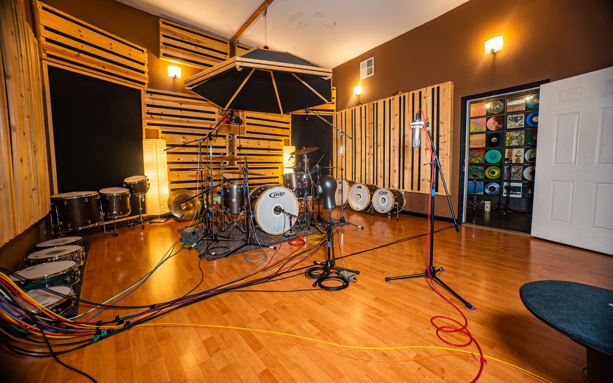 Panda West live room with drums
