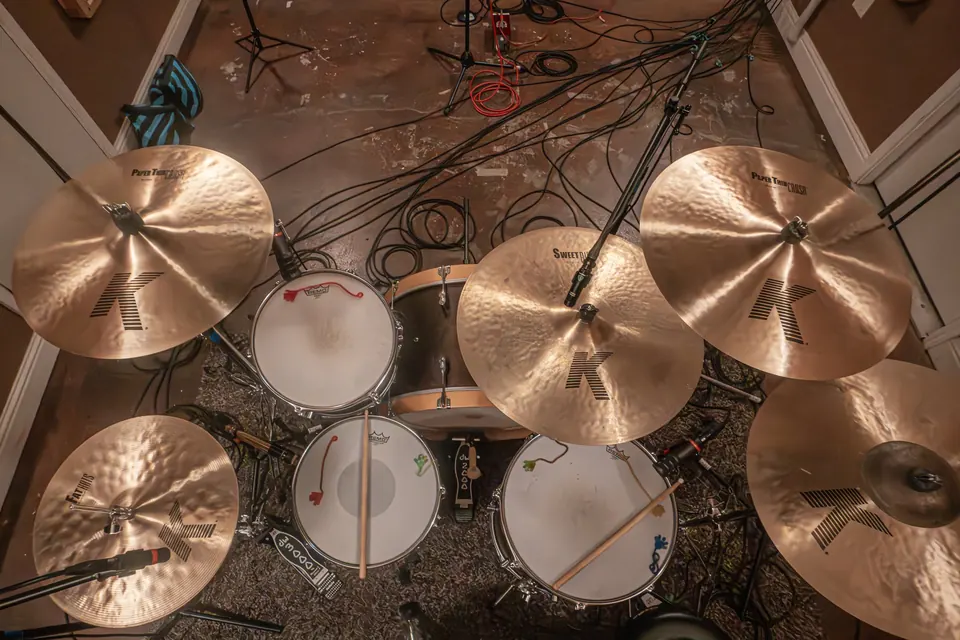 A drum kit in the Panda East live room, seen from above