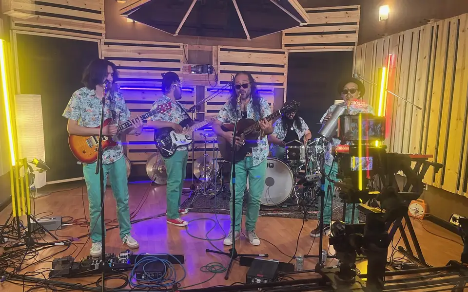 A band playing in the Panda West live room at The Panda Studios recording studio in Fremont, California